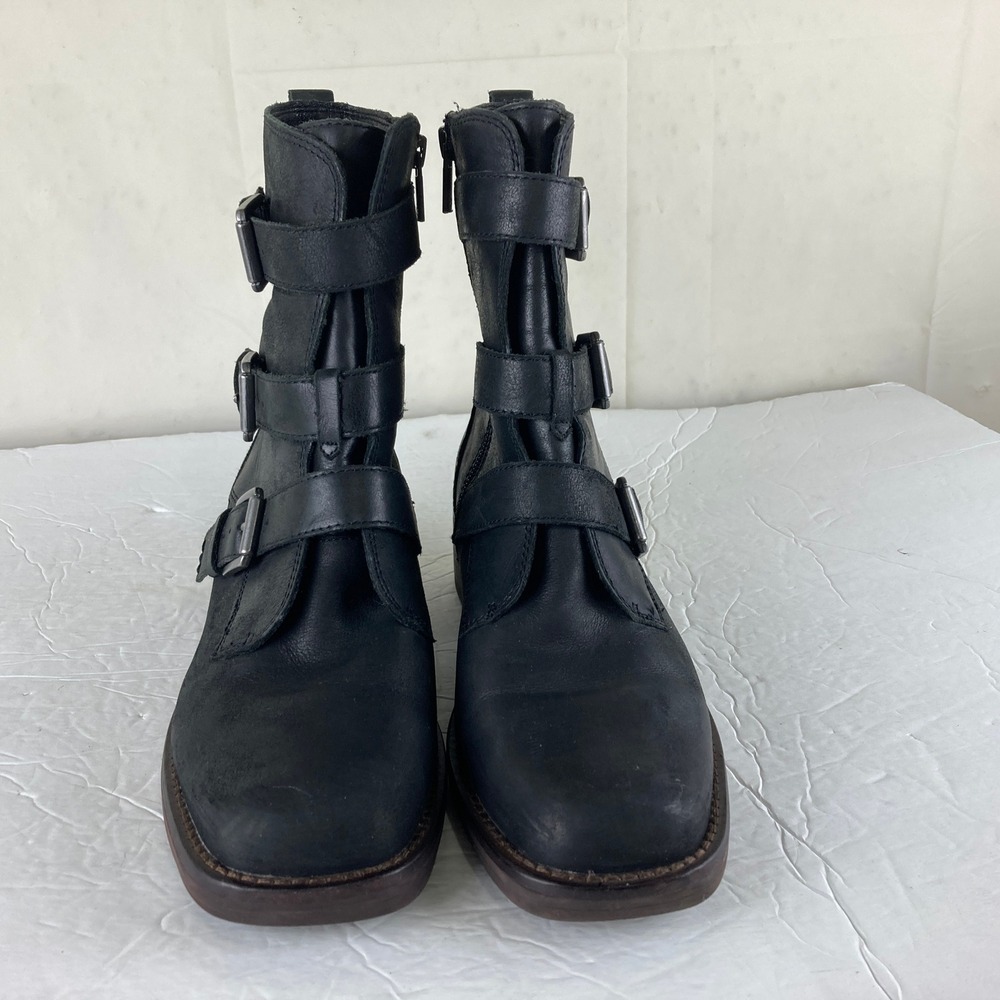 Lucky Brand Moto Boots 8 Black Leather Buckle Side Zip Motorcycle Biker Grunge - Picture 3 of 9